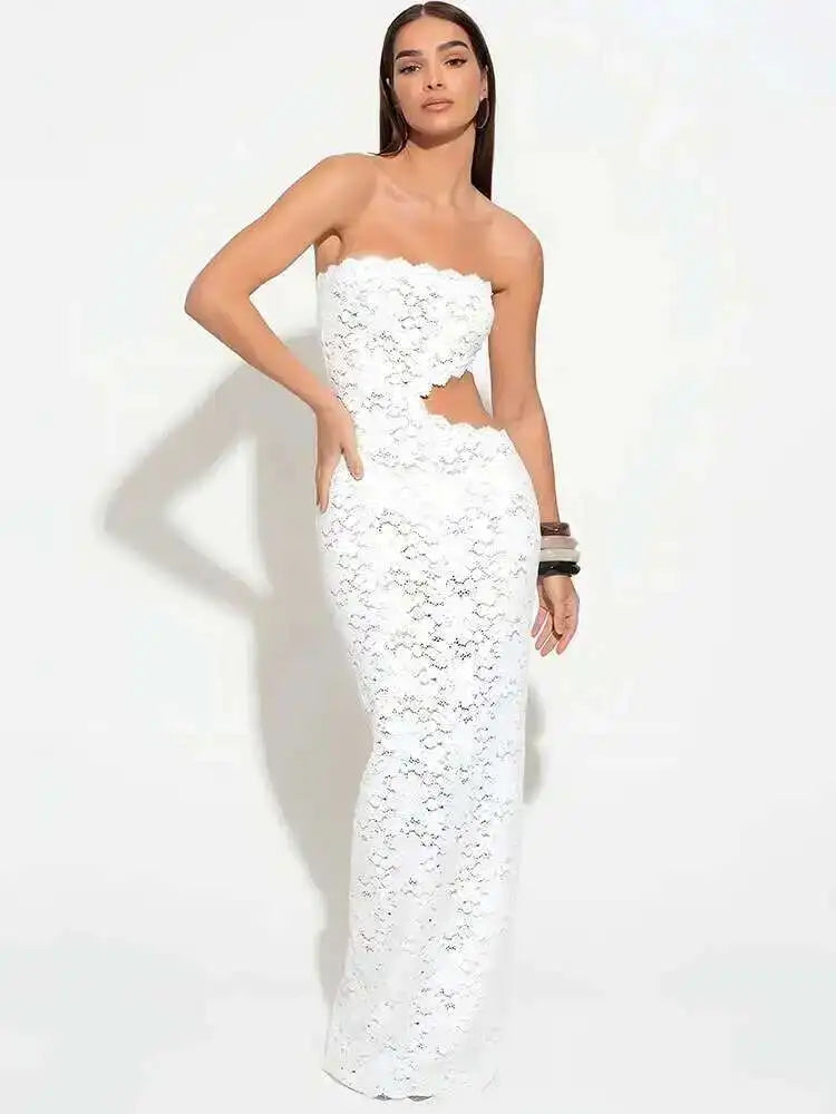Elegant Off Shoulder Backless Lace Maxi Dress With Hollow Out Detailing