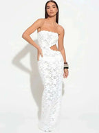 Elegant Off Shoulder Backless Lace Maxi Dress With Hollow Out Detailing