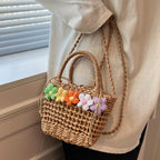 Straw Woven Shoulder Bag With Floral Details