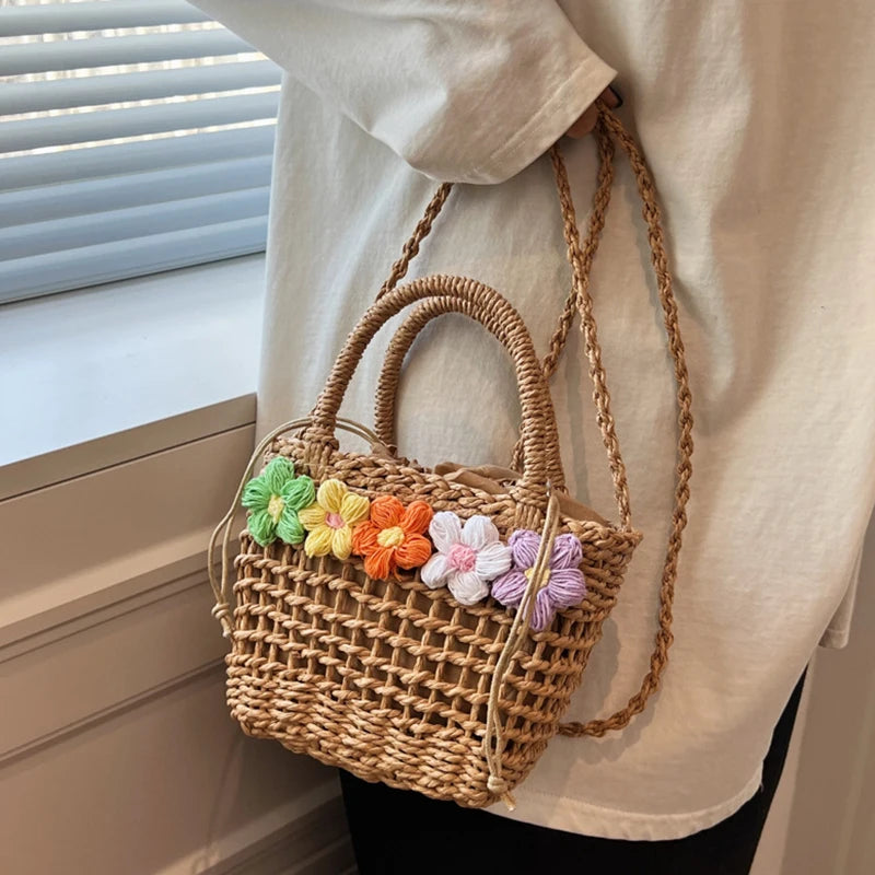 Straw Woven Shoulder Bag With Floral Details