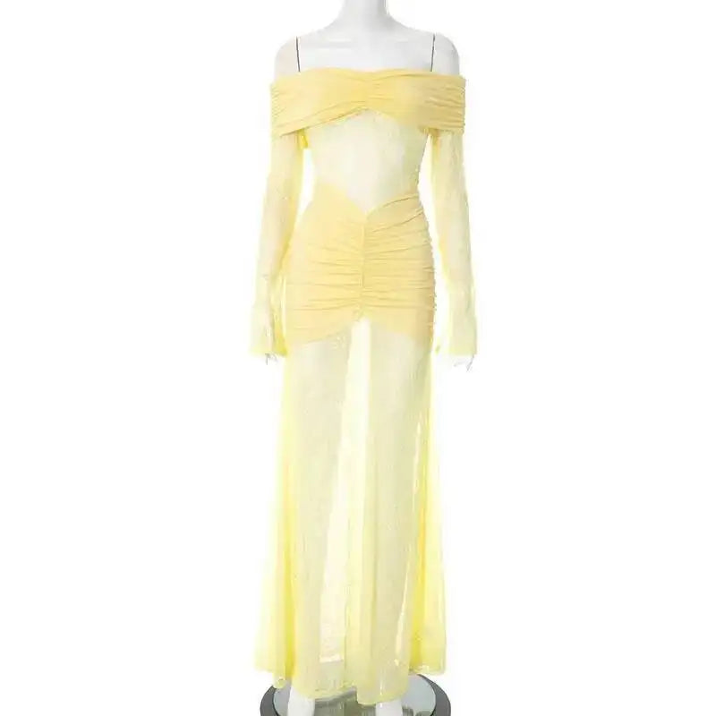 Off Shoulder Pleated Maxi Dress With Lace Patchwork