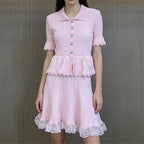 Lace Patchwork Dress With Ruffle Layers And Short Sleeves