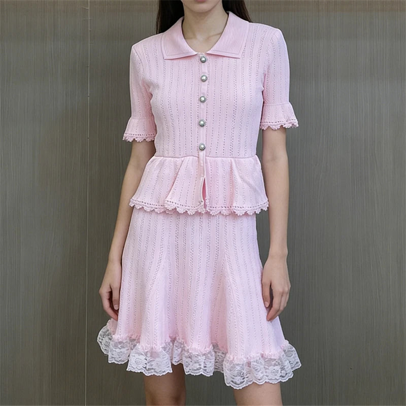 Lace Patchwork Dress With Ruffle Layers And Short Sleeves