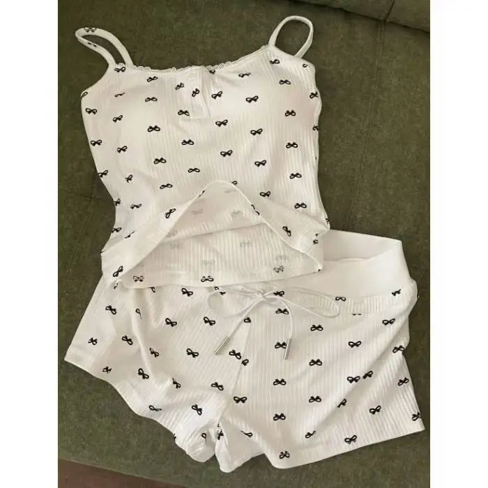 Bow Pajamas Set For Women Two Piece Summer Sleepwear With Tank Top And Shorts Lounge Ensemble