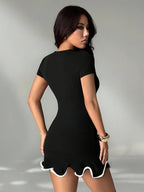 Round Neck Ruffle Mini Dress With Slim Fit Patchwork Texture