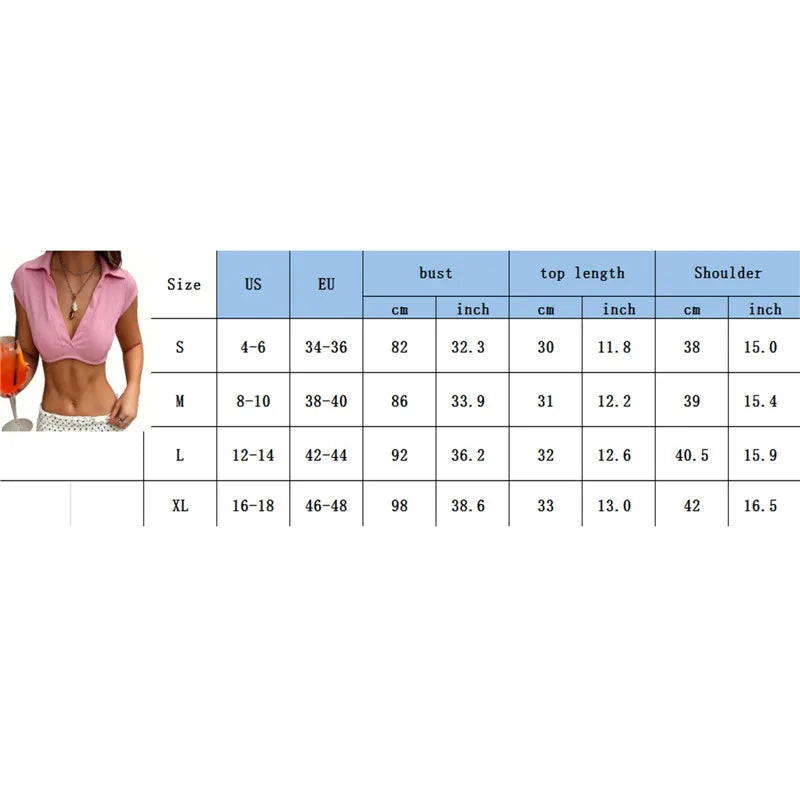 Women V Neck Short Sleeve Crop Top Ribbed Cropped Blouse Low Cut Short