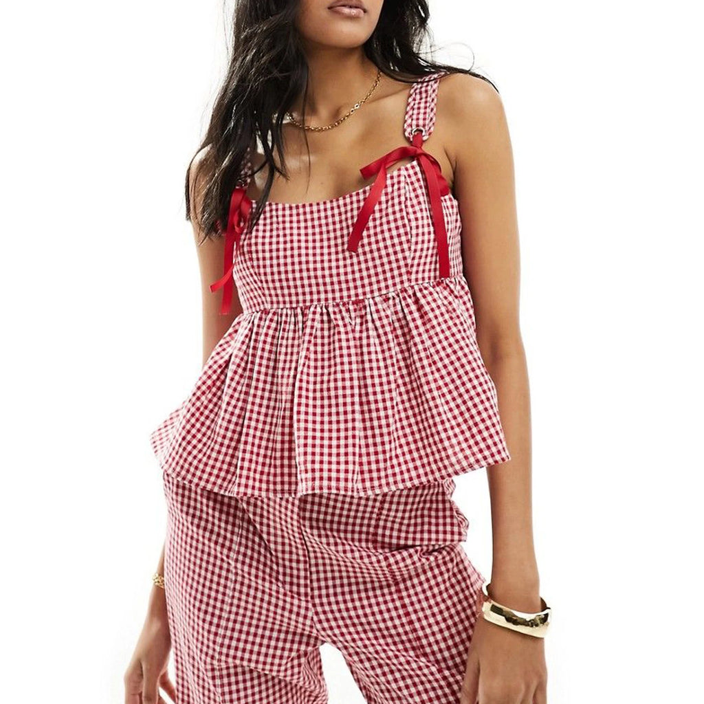 Women Plaid Tank Tops Spaghetti Strap Square Neck Peplum Cami Top Ruffle Smocked