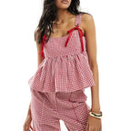 Women Plaid Tank Tops Spaghetti Strap Square Neck Peplum Cami Top Ruffle Smocked