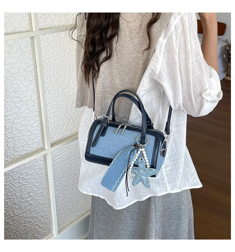 Denim Crossbody Bag With Embroidered Ruched Detailing And Subtle Rivet Accents