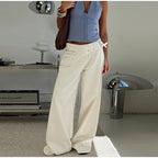 Street Style Mid Rise Wide Leg Denim Pants With Deep Pockets