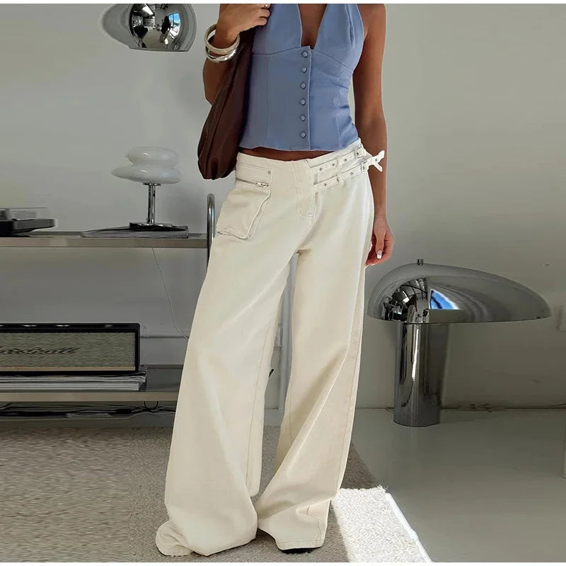 Street Style Mid Rise Wide Leg Denim Pants With Deep Pockets