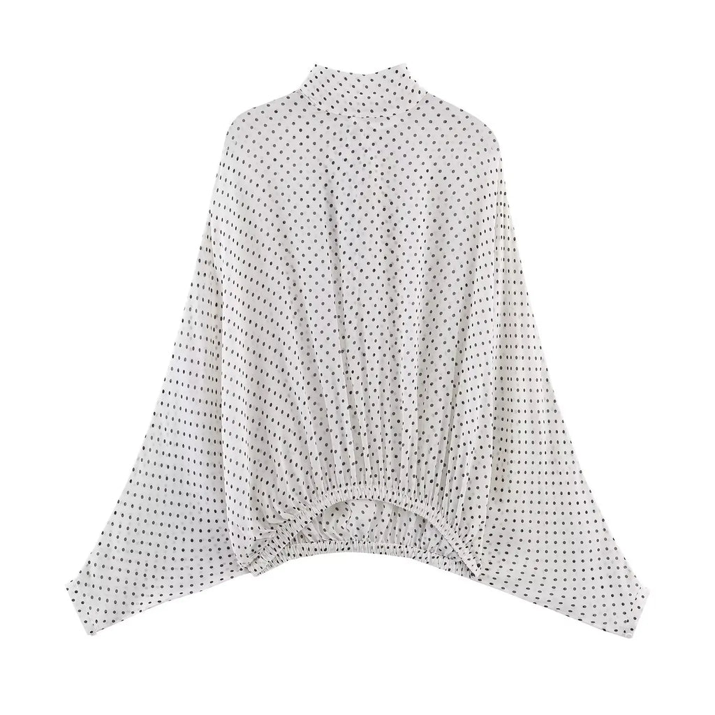 Vintage Polka Dot Chiffon Set With Bow Tie Blouse And Long Skirt