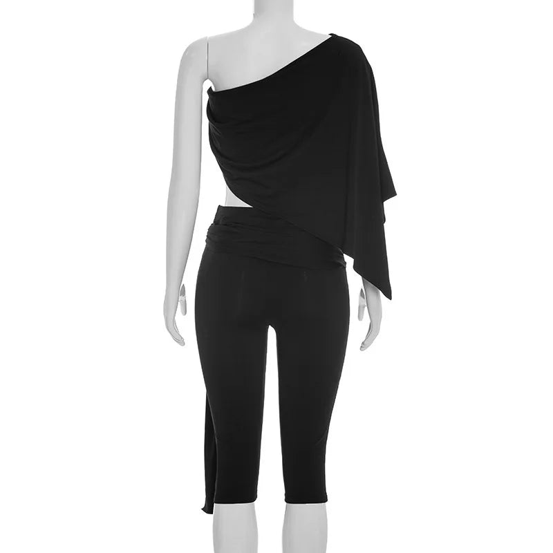 Irregular One Shoulder Crop Top And Capri Pants Set