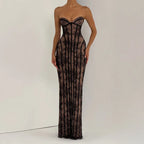 Elegant Backless Strapless Tulle Maxi Dress With Patchwork Print Off Shoulder Evening Gown