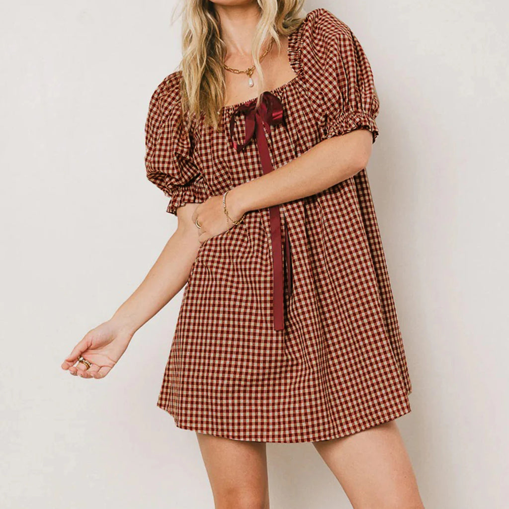 Gingham Babydoll Mini Dress With Puff Sleeves And Bow
