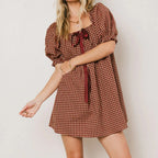 Gingham Babydoll Mini Dress With Puff Sleeves And Bow
