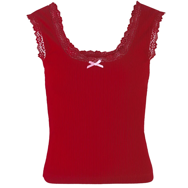 Gothic Red Lace Crop Top Backless U Neck Sleeveless Knit