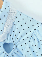 Dreamy Blue Polka Dot Puff Sleeve With Cutout Lace Trim
