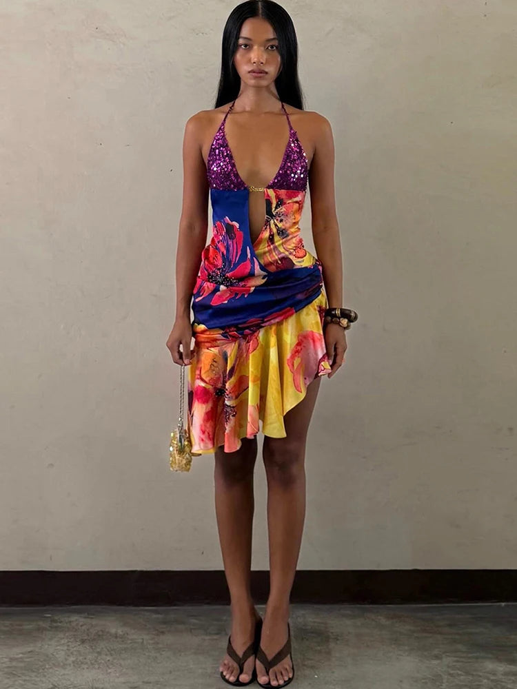 Vibrant Patchwork Sequin Halter Dress With Colorful Flower Print And Irregular Hem