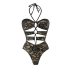 Lace One Piece Swimsuit With Skirt Cut Out Halter Neck High Leg Beach Bodysuit Monokini
