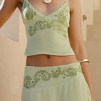 Chic Floral Two Piece Set With V Neck Cami Top And Asymmetrical Midi Skirt Lightweight Satin