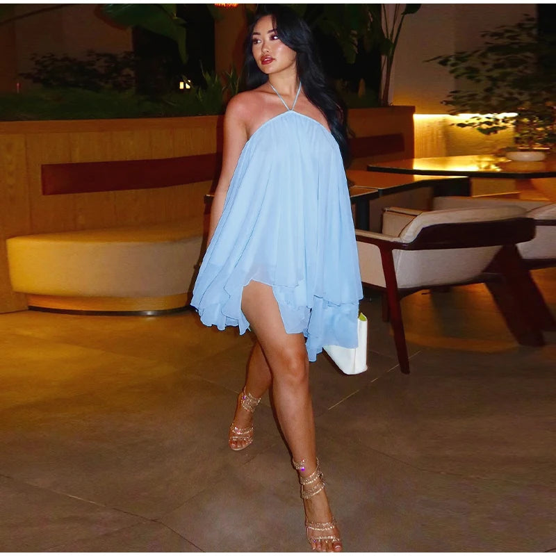 Halter Ruffles Dress Strapless Sleeveless Backless