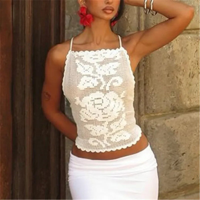 Bohemian Crochet Cami Top With Open Back And Floral Pattern Halter