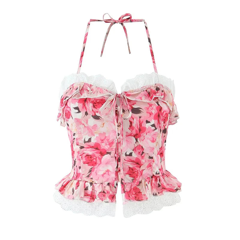 Boho Floral Print 2 Pieces Skirts Set Holiday Summer Women Sexy Backless Halter Top + Mini Skirt