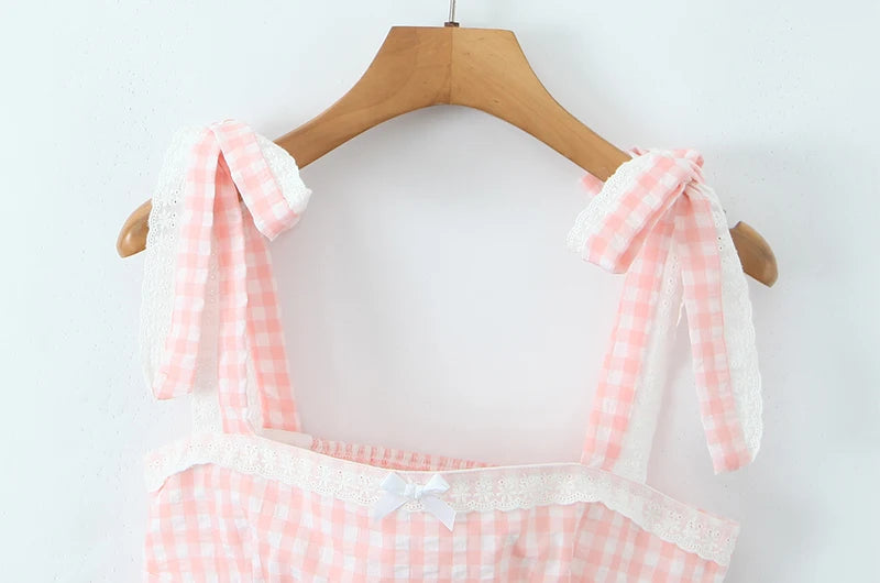 Women New Fashion Sweet Plaid Chic Lace Patchwork French Square Collar Backless Top
