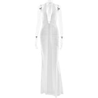 Deep V-Neck Backless Ruched Maxi Dress Halter Gown