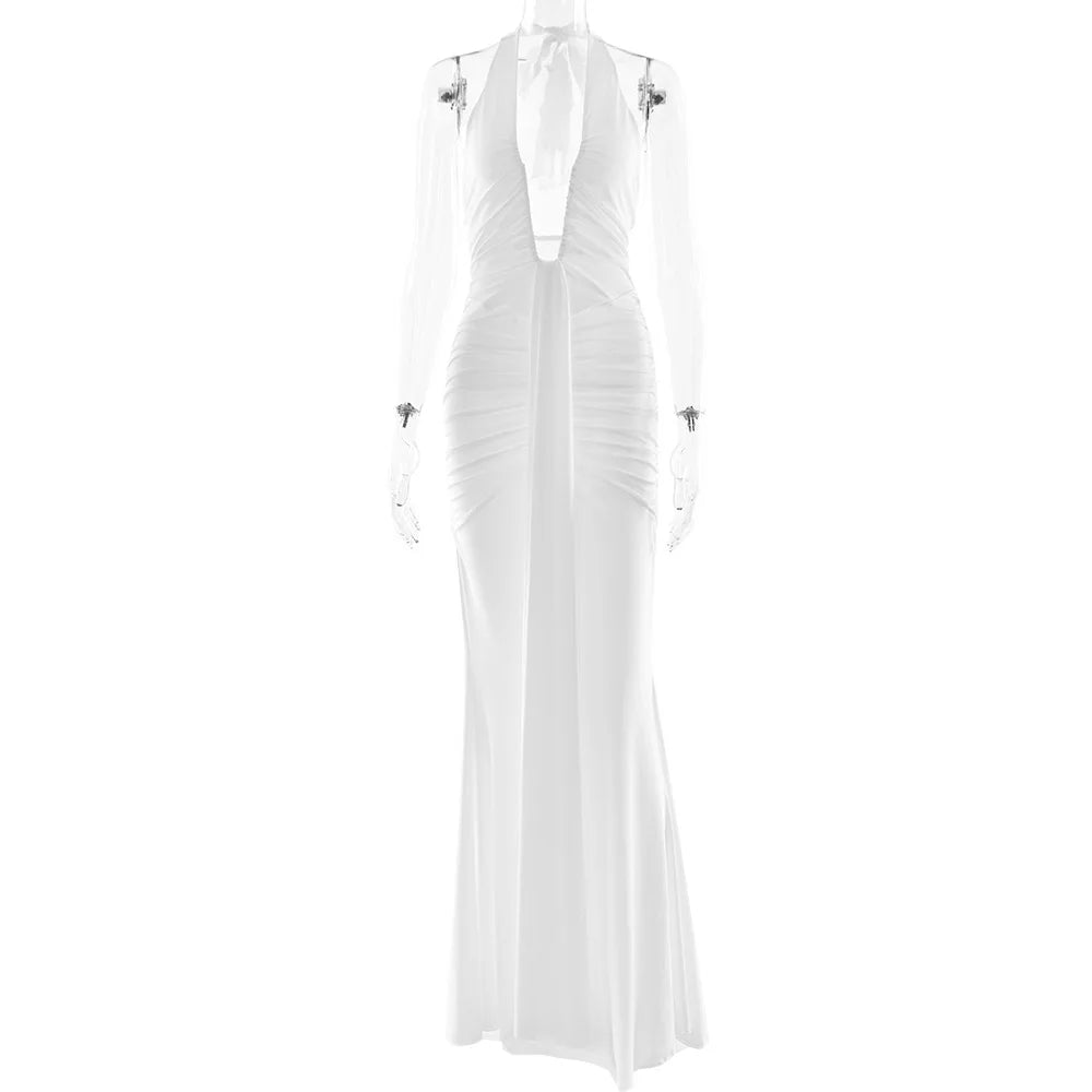 Deep V-Neck Backless Ruched Maxi Dress Halter Gown