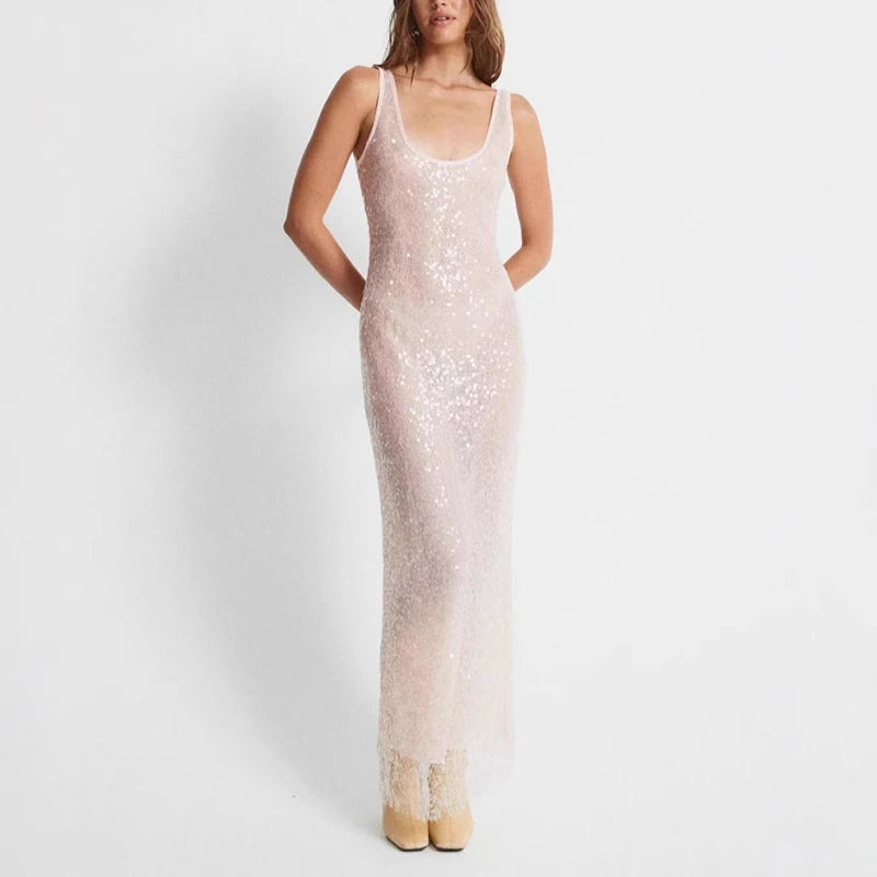 U-neck Sweet Evening Dress Fashion Sleeveless Sparkling Sequins Long