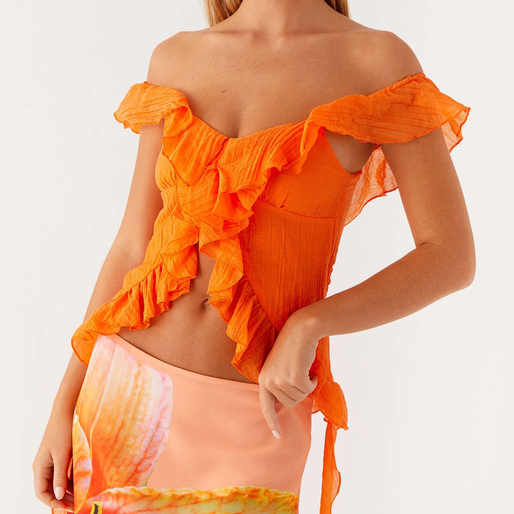Ruched Ruffle Split Front Crop Top With Off Shoulder Backless