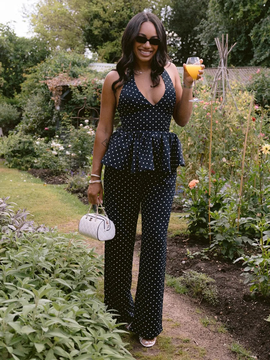 Dot Print Halter Top Set With Wide Leg Pants