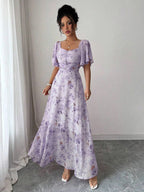 Purple Butterfly Print Mini Dress With Batwing Sleeves