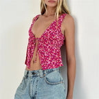 Y2K Floral Print Tie Front Tank Top for Women V Neck Sleeveless