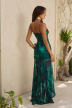 Retro Print One Piece Swimsuit With Skirt Overlay Deep V Lace Up Swimwear