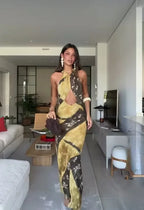 Sunny Yellow Floral Halter Maxi With Openwork Waist Vintage
