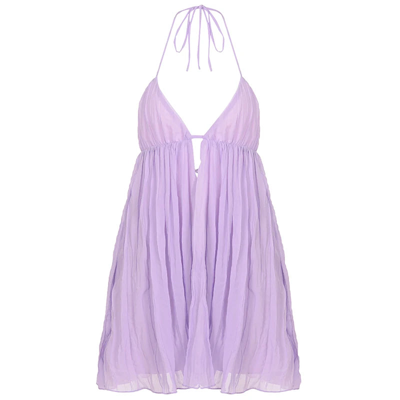 Purple Chiffon Backless Sundress With Deep V Neck A-Line Mini