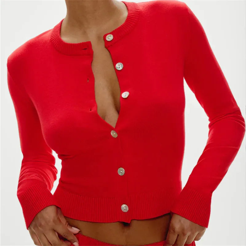 Cozy Knit Cardigan Top Round Neck Long Sleeve Slim Fit Sweater