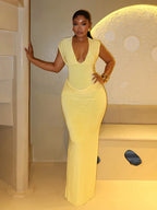 Sleeveless Ruched V Neck Bodycon Maxi Dress
