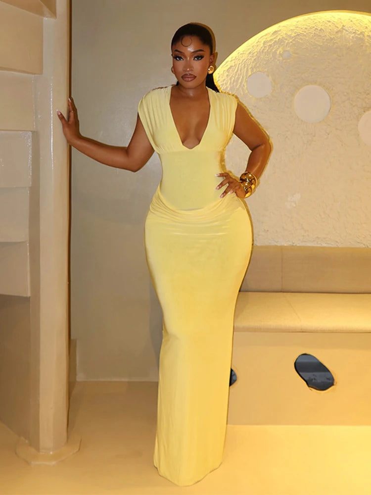 Sleeveless Ruched V Neck Bodycon Maxi Dress