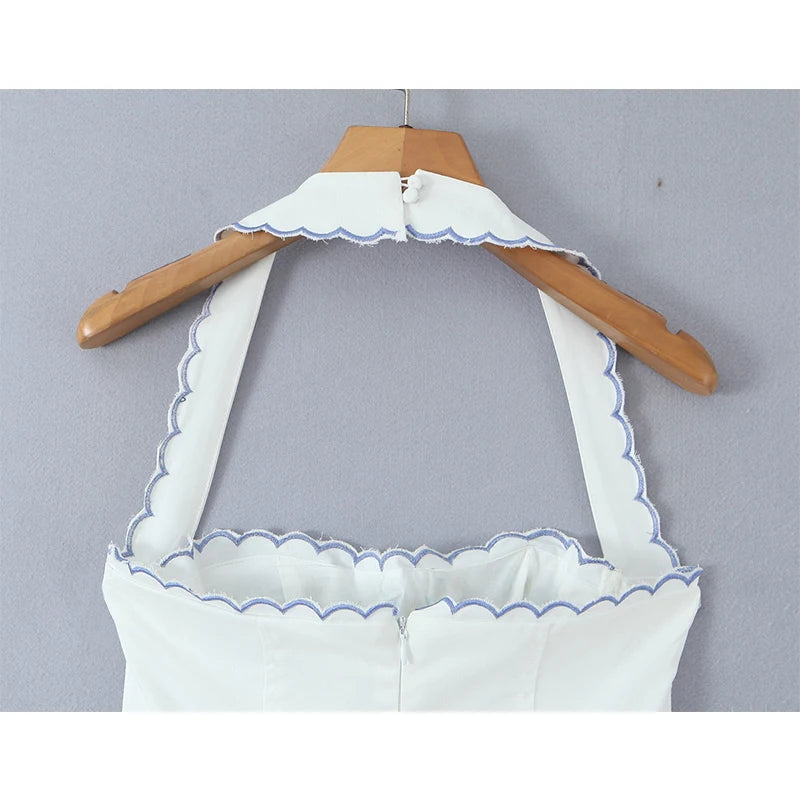 Backless Halter Embroidered White Dress For Women Elegant A Line Mini Dress