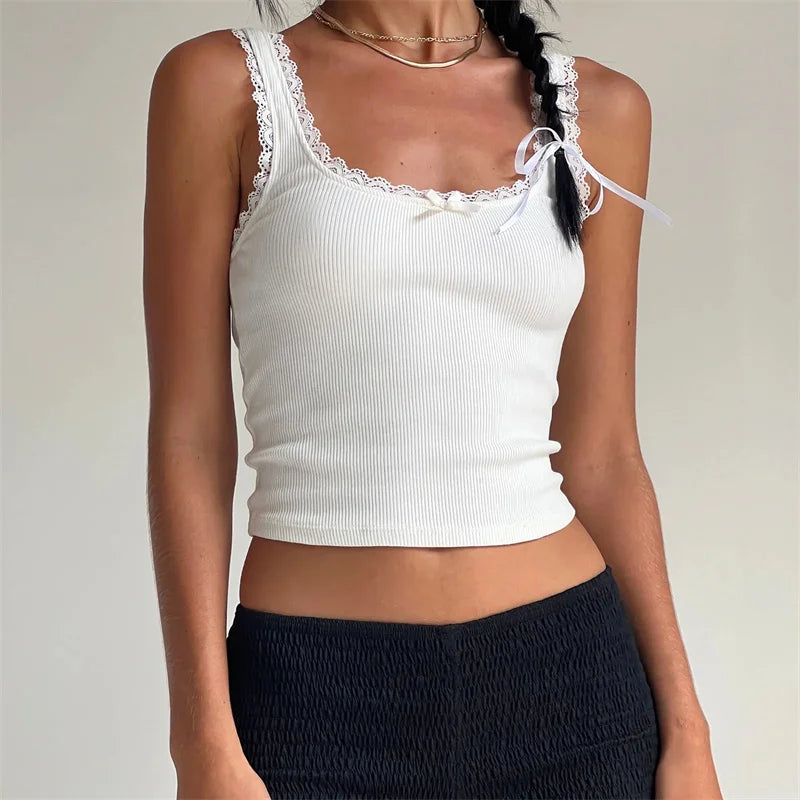 Coquette Lace Trim Knit Crop Top With Bow Sleeveless Square Collar