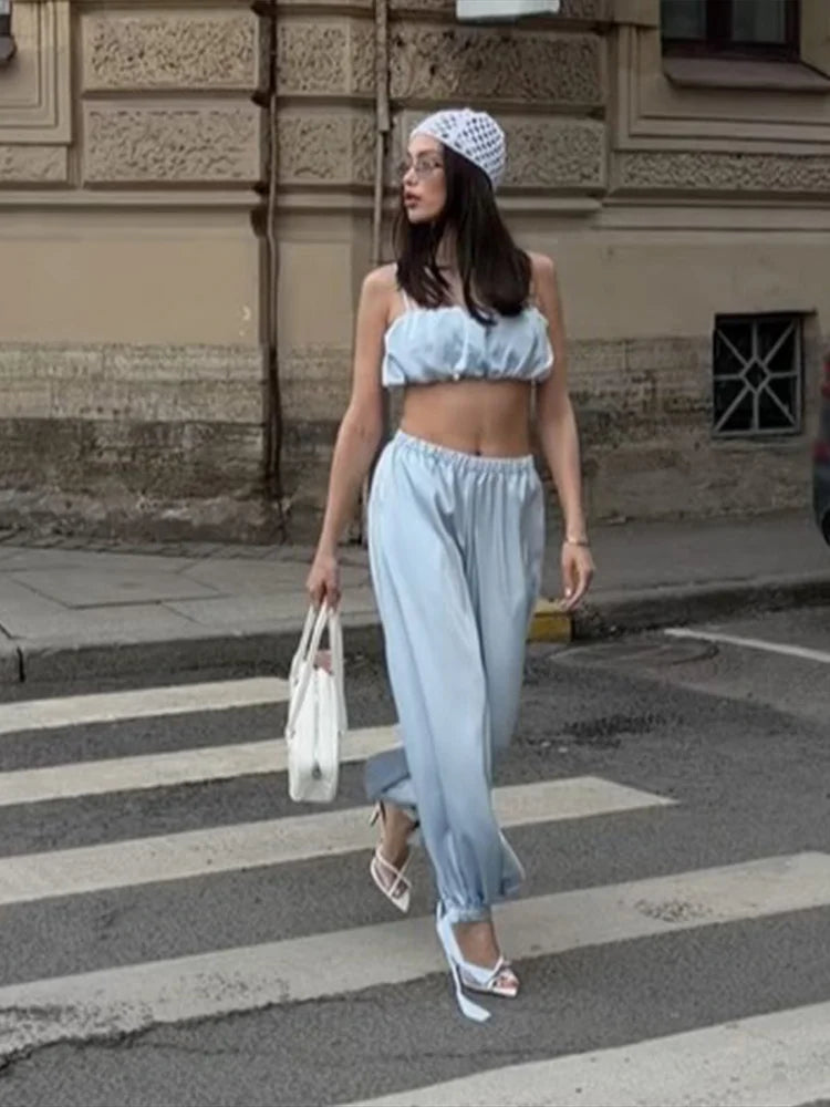 Women's Trousers 2 Pcs Suits Pleated Spaghetti Strap Cropped Tube Tops Elastic Waist Lace Up Pants