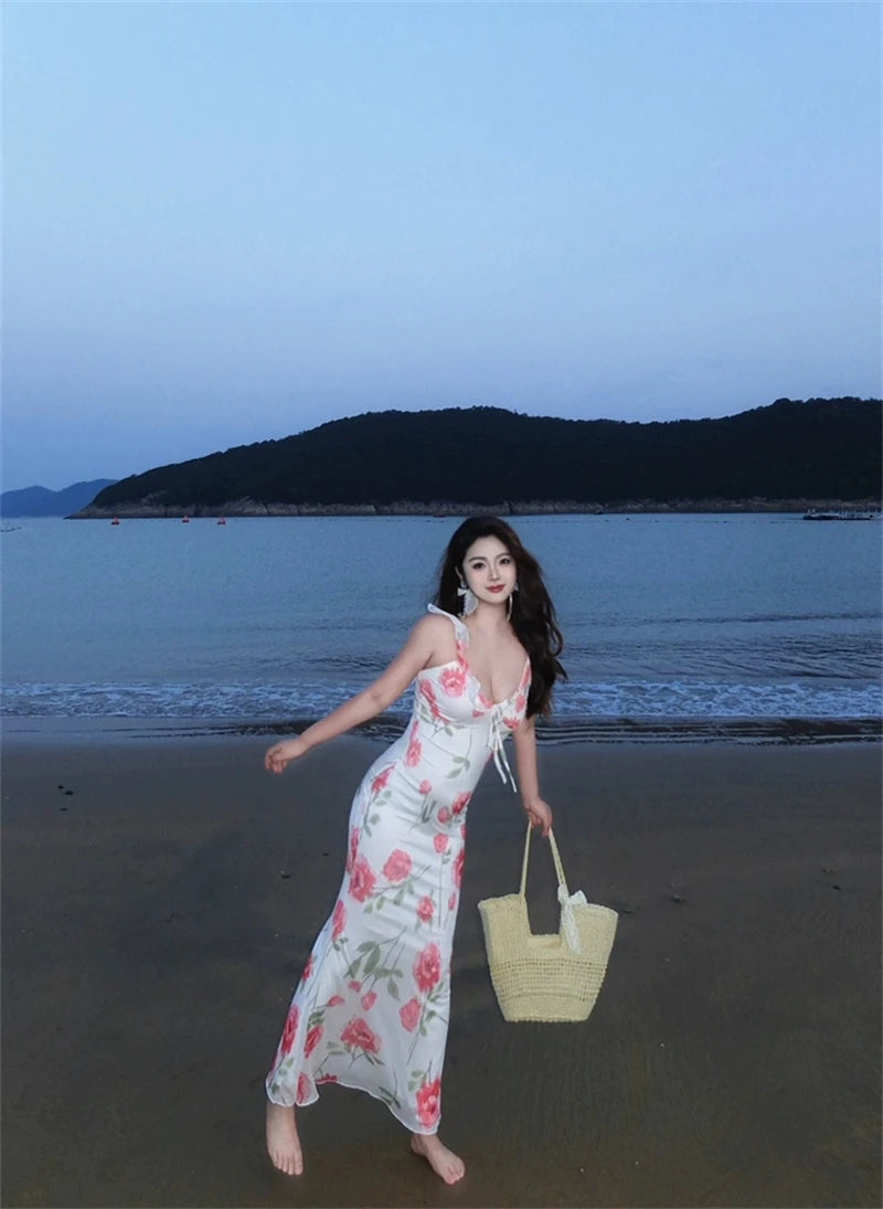 Rose Print Reverie Backless Fishtail Midi Dress With Tiered Ruffles And V Neck