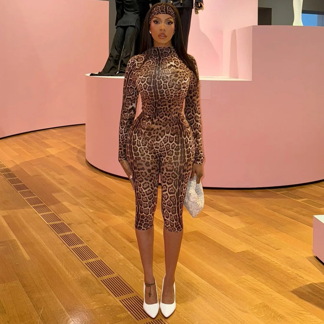 Leopard Print Mock Neck Tracksuit With Slim Capri Pants