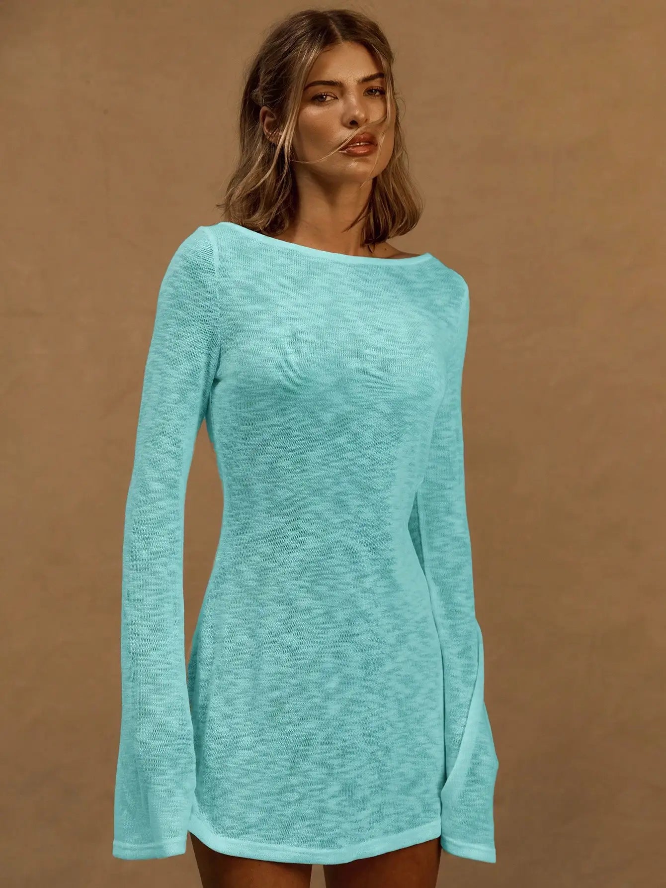 A Line Knit Mini Dress With Slash Neck And Bell Sleeves