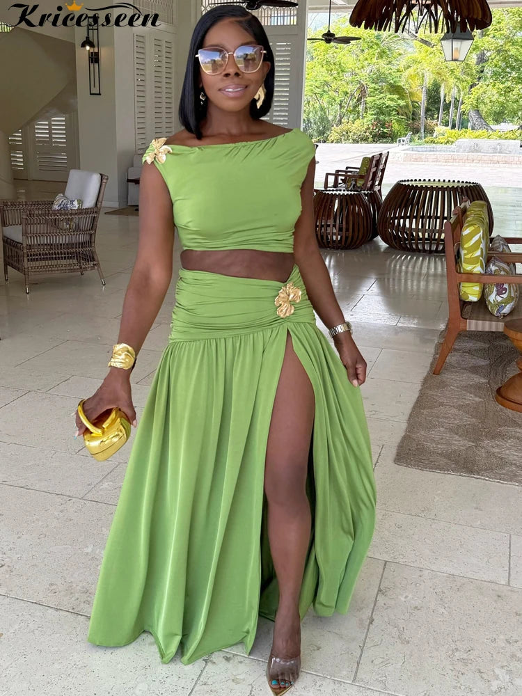 Gold Brooch Top And Maxi Skirt Set With Ruched Detail And High Slit