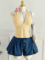 Plus Size Ribbed Halter Cami Top With V Neck And Back Tie Bow